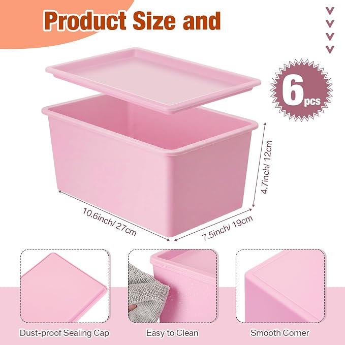 6 Pcs Storage Bins with Lids Small Plastic Storage Containers Stackable Storing Baskets Box Cute Organizer Bins for Organizing Shelves (Pink,Purple)