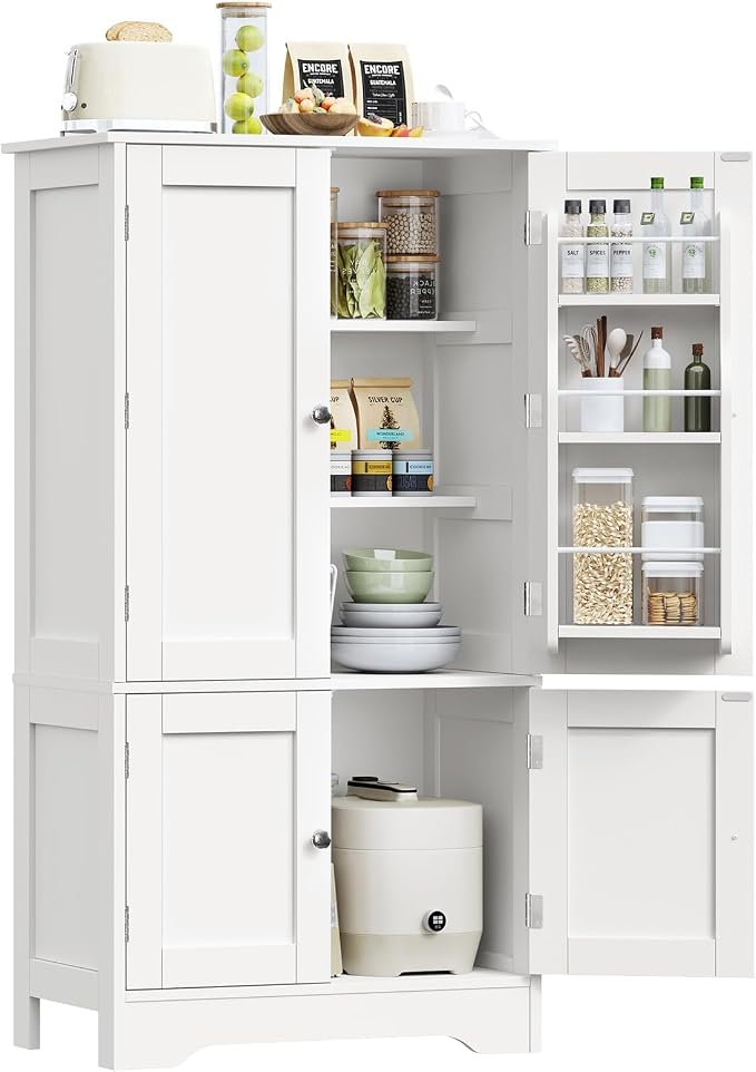 43'H Pantry Cabinet with 4 Doors, Kitchen Cabinet with 6 Door Shelves, Storage Cabinet-Kitchen Pantry for Living Room, Dining Room, Bathroom, White