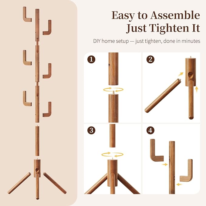 Yoobure Solid Wood Coat Rack - Cactus Coat Tree Freestanding with 8 Hooks, Coat Hanger Stand with 3 Adjustable Sizes for Jacket, Hat, Clothes Stands for Hall, Entryway, Bedroom, Office, Living Room