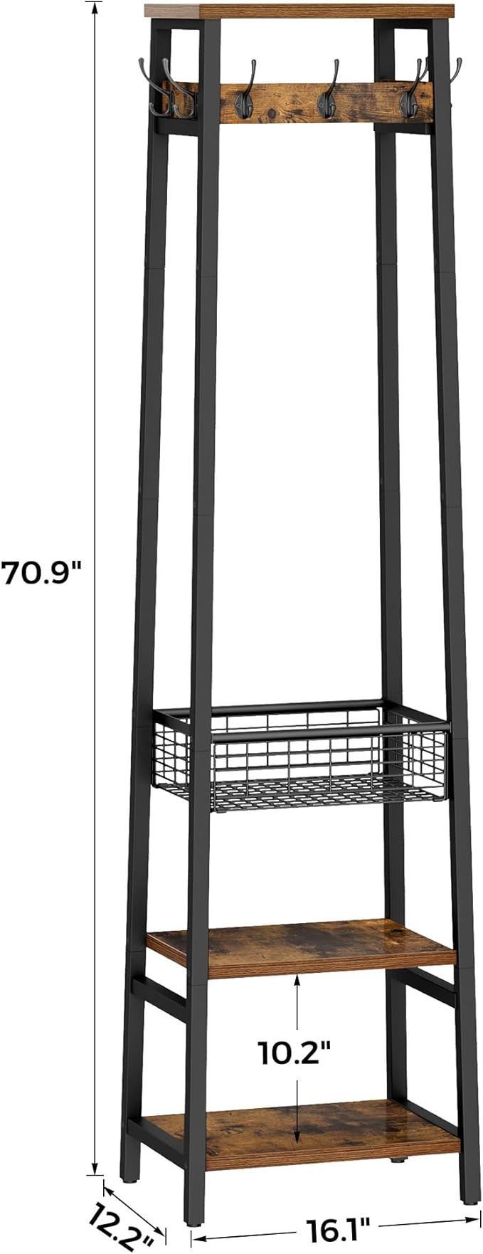 Coat Rack with Metal Basket and Storage Shelves | Coat Stand Freestanding, Hall Tree With and 7 Hooks, Clothes Rack Stand Organizer, Rustic Brown and Black