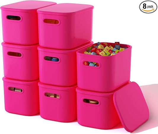 ORGIDOL 8 Pack Pink Storage Bins with Lids Stackable Storage Container for Organizing, Storage Boxes with Handle for Shelves, Cute Storage Bin for Craft, Snacks, 9.85x6.9x5.7 inch