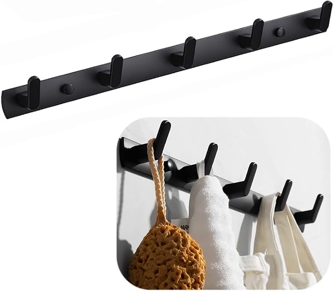 Wall Mounted Coat Rack, 5 Hooks, 17.7"x1.3", Modern, Black | Space Aluminum, Rustproof, for Hallway, Entryway, Hanging Holder for Clothes, Towel, Backpack, 40 lbs Capacity, Easy Install