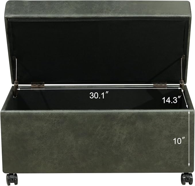 32" Faux Suede Storage Ottoman Bench with Wheel, Rectangle Foot Rest Stool for Living Room, Bedroom, Entryway,Moss Green