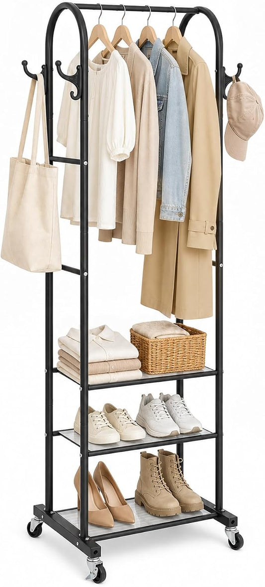 Cesun Heavy Duty Clothes Rack with 3-Tier Mesh Shelves & 8 Hooks, Black | Space-Saving Design, Lockable Wheels, Easy Assembly, Stainless Steel, Small Garment Rack for Entrance/Bedroom/Living Room