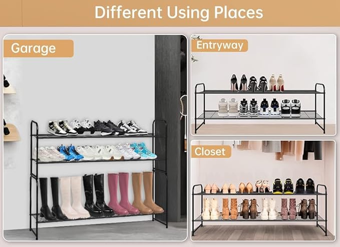 KEETDY 2-Tier Long Shoe Rack for Closet Metal Shoe Organizer for Entryway, Wide Stackable Shoe Storage Shelf with Sturdy Wire Grid for Closet Floor, Bedroom, Black