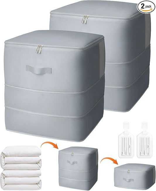2 Pack Comforter Storage Bag, 136L Blanket Storage Bags Self Compression Comforter Organizer and Storages, Space Saving Washable Compression Bags for Blanket Bedding Pillow Duvet Quilt, Grey