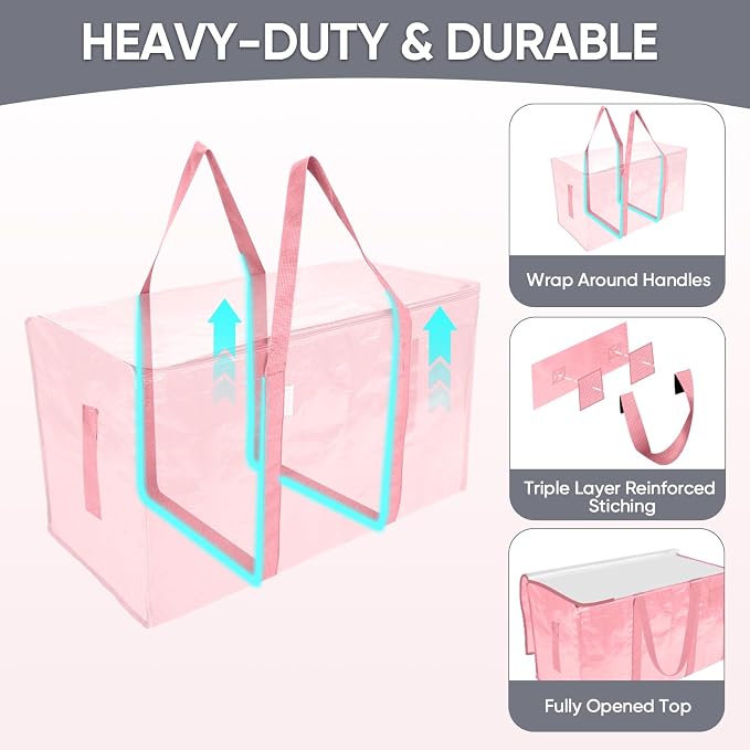 TICONN 2 Pack Extra Large Moving Bags Heavy Duty with Zippers & Carrying Handles, Durable Storage Bags Moving Boxes for Closet Organizers and Storage (2 Pack, Coral)