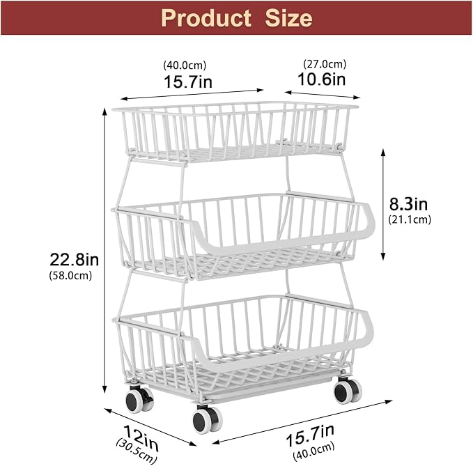 3-Tier Rolling Pantry Cart with Wheels, Stackable Wire Storage Floor Organizer for Kitchen Pantry Snack Shelves, Fruit Basket Stand, Vegetable Storage Rack for Food Snacks Onion Potato, White