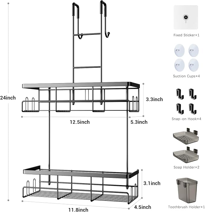 Aitatty Over the Door Shower Caddy Hanging: Black Rustproof Shower Organizer over the Door - No Drilling Bathroom Rack for Inside