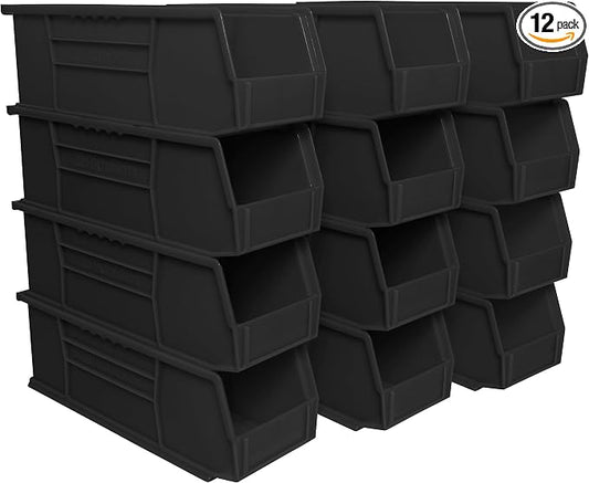 Akro-Mils 30234 AkroBins Plastic Storage Bins, 15"x5"x5", Black, 12-Pack | Space-Saving Stackable Bins for Garage, Pantry, Craft Organization