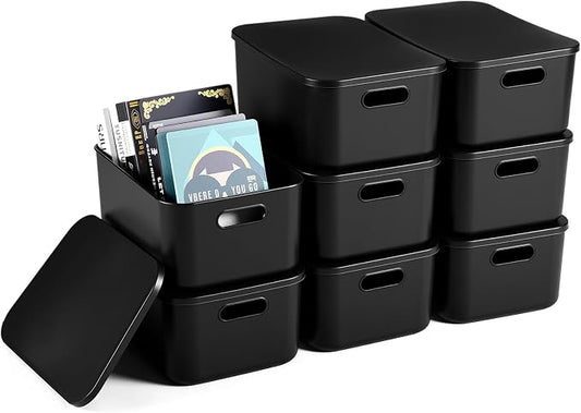 8 Pieces Colorful Storage Bins with Lid, Plastic Storage Basket Organizing Container Stackable Box with Handle for Shelves Desktop Playroom Office(13.8 x 9.8 x 5.9 Inch,Black)