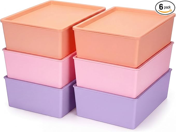 6 Pcs Large Plastic Storage Bins with Lids 14.4 x 10.4 x 5.1 Inch Stackable Storage Containers Decorative Cubby Organizer for Clothes Shelves Garage Closet Office (Pastel)
