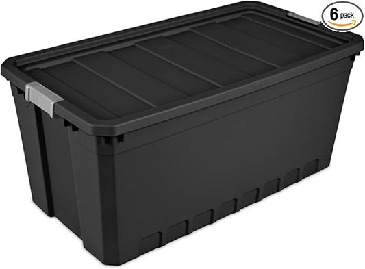 Sterilite 6-Pack Plastic Storage Bins with Lids, Stackable Containers, 50 Gallon, Black