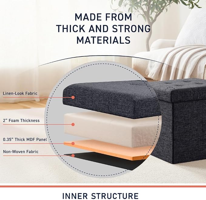 Ornavo Home 15 Inch Folding Storage Ottoman Cube, Tufted Linen, Black | Upholstered Cube with Lid; Foot Rest Stool; Ideal for Bedroom, Living Room or Entryway