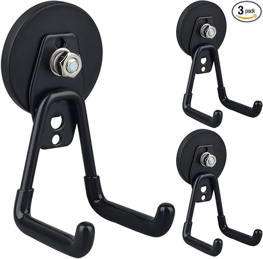 ULIBERMAGNET Heavy Duty Magnetic Garage Hooks,3 Pack Strong Large Magnet Hooks for Power Drill,Garden Tools,Hose,Pegboard,Garage, Workshop,Magnetic Storage Hook for Indoor Outdoor Hanging(Black)