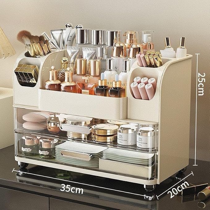 Large Makeup Organizer for Vanity - Perfume Cosmetic Display Cases | Skincare Organizers with 2 Drawers for Bathroom Dresser Desk, Easy to Store Brush Eyeshadow Lipstick Beauty Supplies, Cream