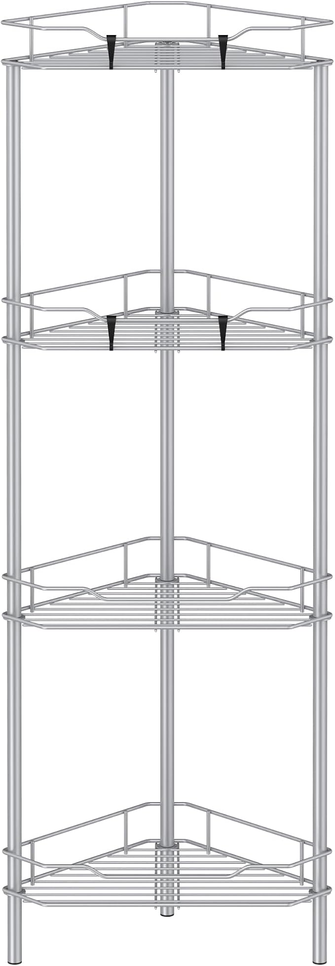 HuggieGems 4 Tier Floor Standing Corner Shower Caddy Organizer Shelf with Hooks, Bathroom Shelves Stand Rack, Silver