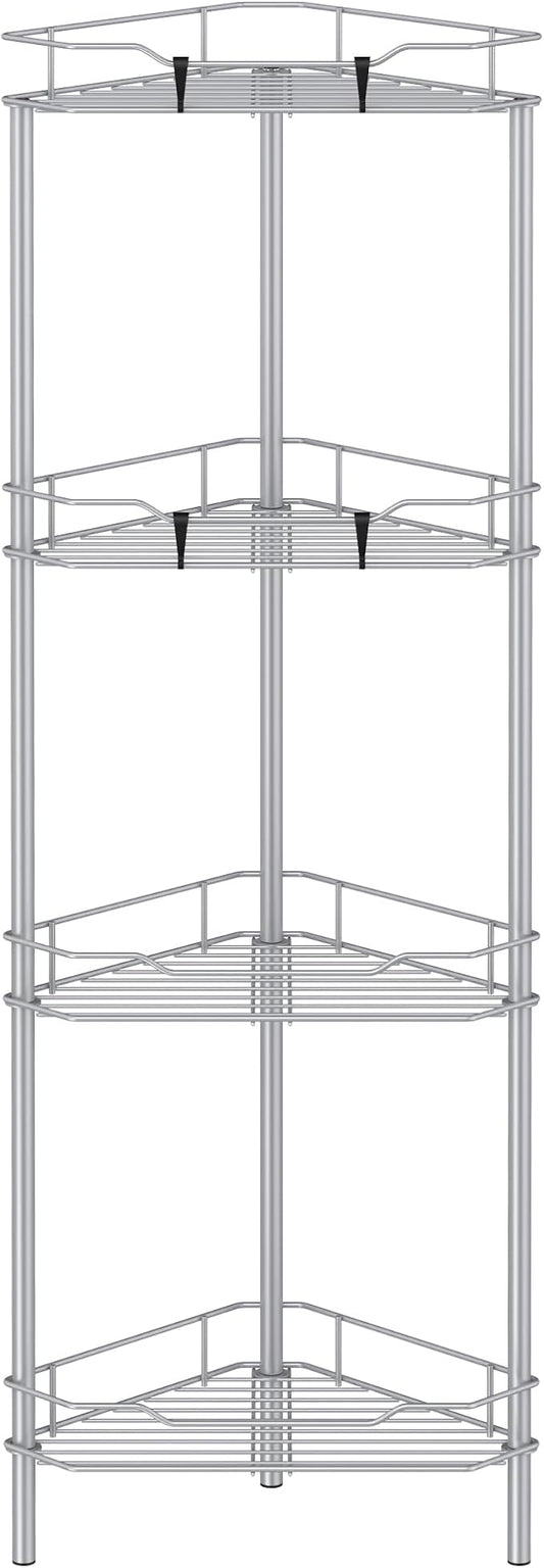 HuggieGems 4 Tier Floor Standing Corner Shower Caddy Organizer Shelf with Hooks, Bathroom Shelves Stand Rack, Silver