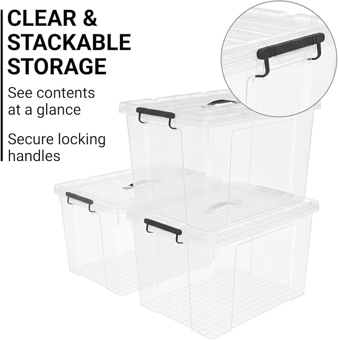 4 Pack 72 QT Plastic Storage Bins with Lids | Clear Stackable Bins with Secure Latches and Handles Heavy-Duty Storage Containers For Home Office and Garage Organization