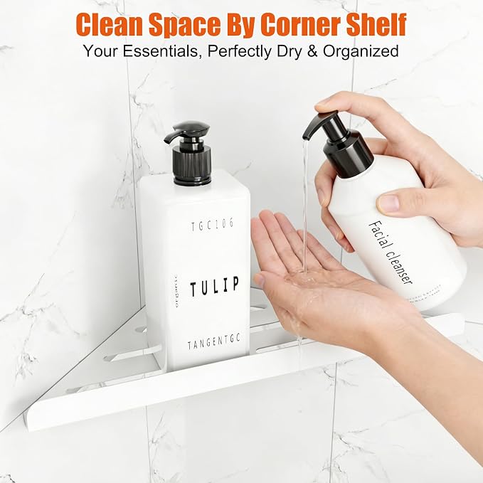 Fikoksol Shower Caddy Storage, Triangle Corner Shelf with Adhesive Glue | Metal Bathroom Shelf Storage, Adhesive or Screw Wall Mounted Corner Shower Rack, White Rustproof Bath Organizer Accessory