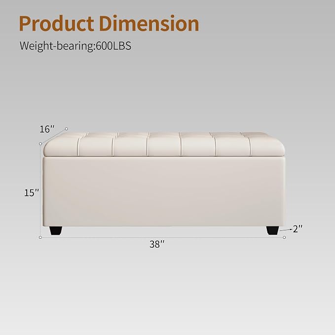 38" White Faux Leather Storage Ottoman Footrest Bench | Solid wood frame bench, 4-leg easy assembly. Use as end-of-bed, footrest, entryway seat. Hinged hidden storage, multi-use.
