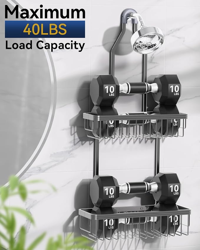 YASONIC Never Rust Shower Caddy Hanging, Aluminum Shower Racks for Inside Shower, 2-Tier Shower Organizer Hanging Over Shower Head with Hooks and Soap Holder, Grey