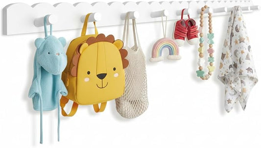 Leinuosen 1 Pack Scalloped Coat Rack Wall Mount Cute Nursery Wall Hook 31.5 Inch 8 Hooks Wood Backpack Hanger for Toddler Kids Clothes Hat Towel Keys Bathroom Classroom Playroom Nursery Decor