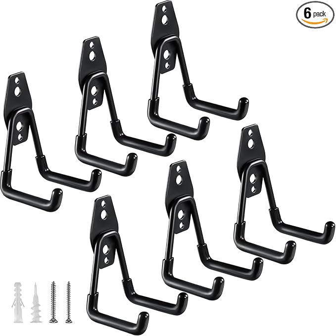 HUPBIPY Heavy Duty Garage Hooks 6 Pack, 2.8 inch Small U Shaped Hanger, Wall Mounted Storage System, Power and Garden Tool Organizer, for Hanging Ladders, Hose, Bulk Items and More