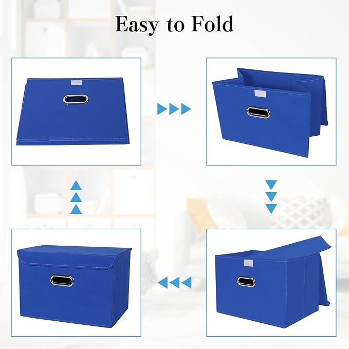 STOREONE Fabric Storage Cube Bins Foldable Organizer Container Collapsible Basket with Lids and Metal Handles, for Home, Bedroom, Closet 6 Pcs (Dark Blue)