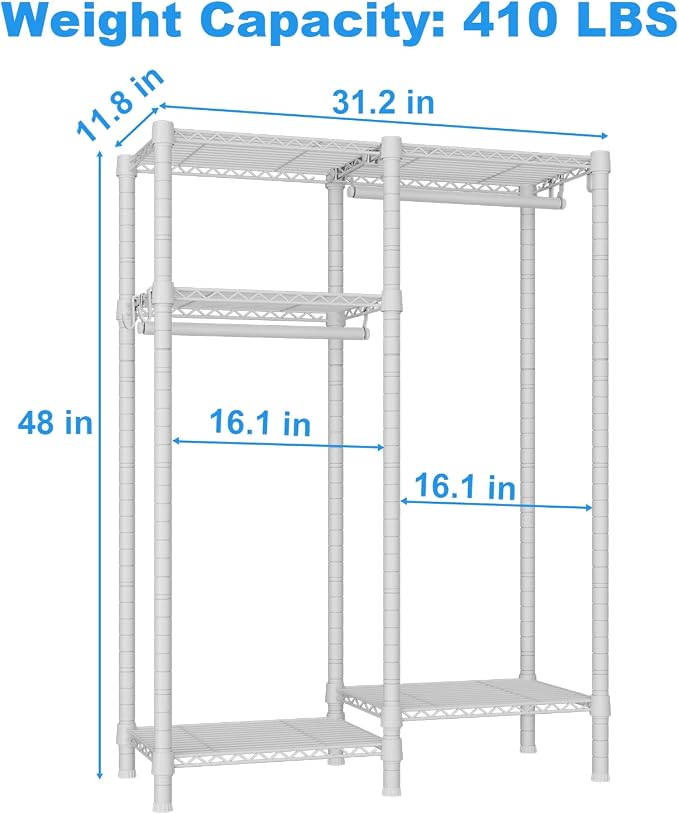 F1 Garment Rack for Kids, 4 Tiers Closet System Hold 410lbs, White | Clothing Rack for Baby and Children's Room, Small Freestanding Clothes Racks with 2 Hanger Rods, 31.2"W x 11.8"D x 48"H