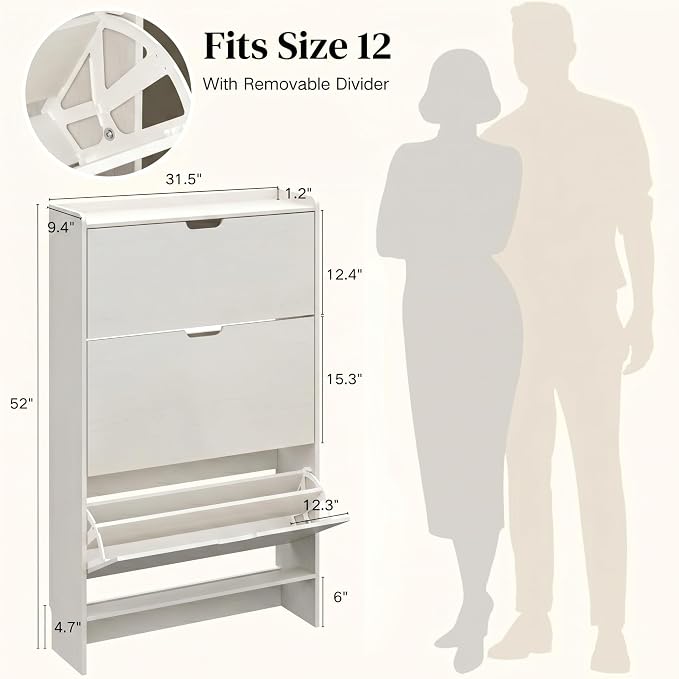 White Slim Shoe Cabinet with 3 Flip Drawers, 52" Tall Narrow Shoe Storage Cabinet for Entryway, Hidden Shoe Organizer Cabinet