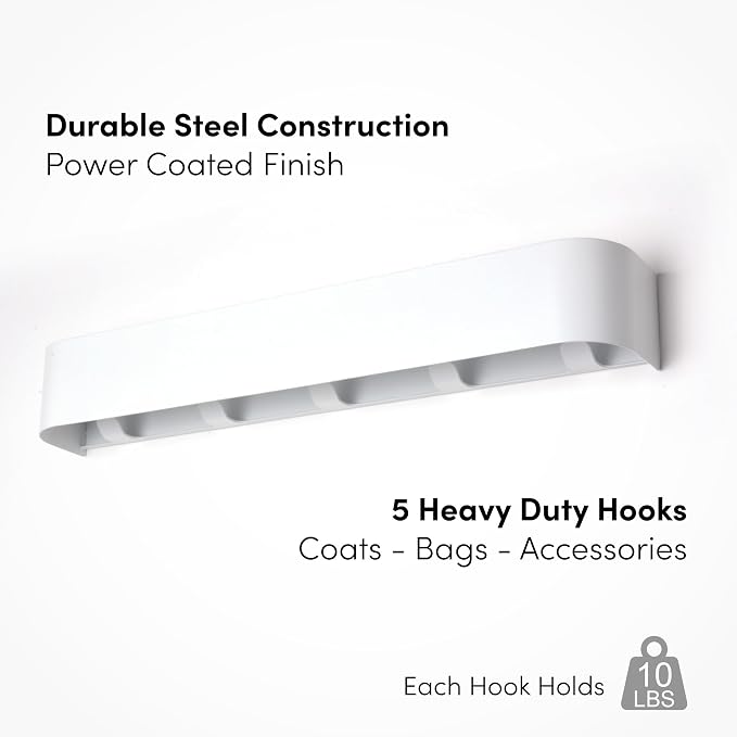 Modern Wall-Mounted Coat Rack with Shelf – Heavy-Duty Steel, 5 Sturdy Hooks, Powder-Coated Finish, Space-Saving Entryway Organizer with Mounting Hardware – Sleek & Minimalist Design (White)