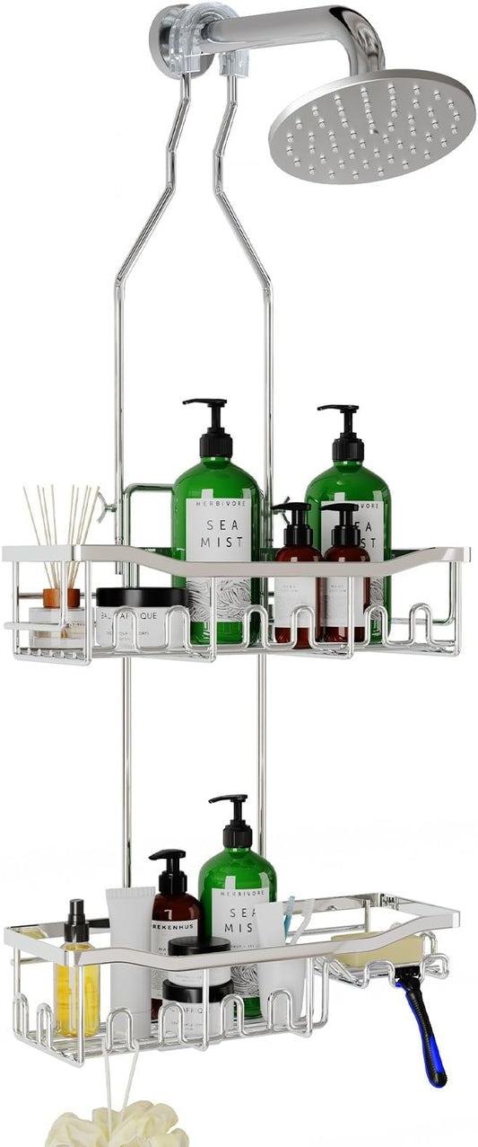 Upgraded Extended Length Shower Organizer with Hooks, Rustproof Shampoo Soap Holder, Large Hanging Bathroom Caddy, Silver