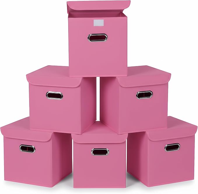 Closet Organizers Fabric Storage Bins With Lids Collapsible Cube Storage Organizer Basket With Handles,Storage Boxes for Clothes Storage,Office,Laundry,Shelves,6 Pack,（Pink）