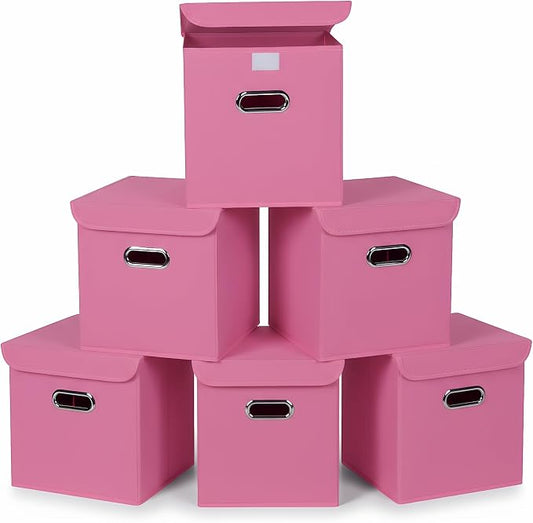 Closet Organizers Fabric Storage Bins With Lids Collapsible Cube Storage Organizer Basket With Handles,Storage Boxes for Clothes Storage,Office,Laundry,Shelves,6 Pack,（Pink）