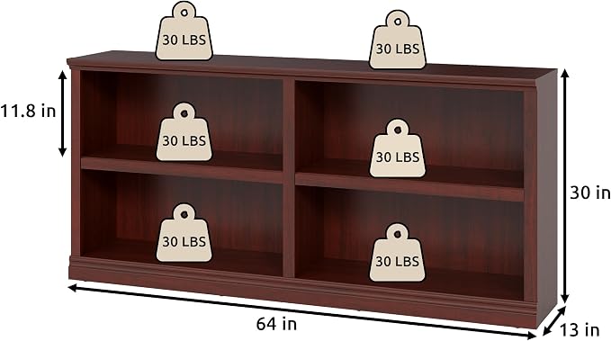 64" W Double Wide Open Shelf Bookcase, 2 Tiers 4 Storage Cube Book Case | Horizontal Bookshelf, Display Cabinet Organizer Indoor Furniture, Home Library Office, Mahogany Adjustable Shelf