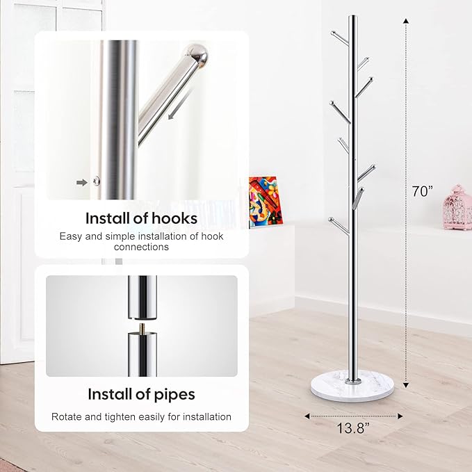 Homde Metal Coat Rack Stand: Natural Marble Base with 8 Hooks (Silver) | Stainless Steel Freestanding Clothes Tree Hanger for Coat Jackets Hat Scarves Handbags - Hall Hanger for Entryway Bedroom
