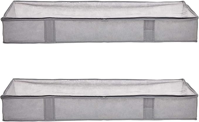 Amazon Basics Under Bed Storage Bags for Clothes and Blankets, Foldable Fabric Zipper Container with Clear Window and Reinforced Handles, Space Saving, 18 x 42 x 6 inches, Gray, 2-Pack