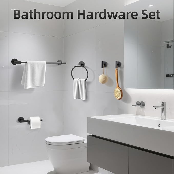 Matte Black Bathroom Hardware Accessories Towel Bar Set 10 Pieces | Stainless Steel Black Towel Rack Set, 19in Towel Bars Wall Mounted, Bathroom Towel Holders, Towel Rings, Towel Hooks