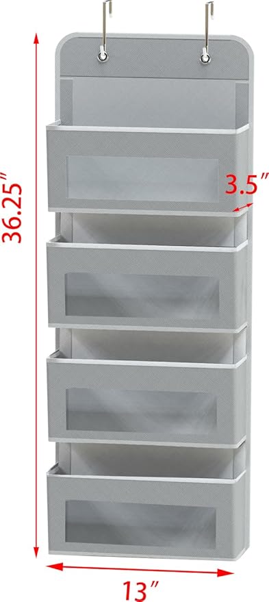 Simple Houseware 4 Clear Window Pocket Over Door Hanging Organizer, Gray | Over the Door Storage for Closet, Bedroom, Bathroom, Pantry