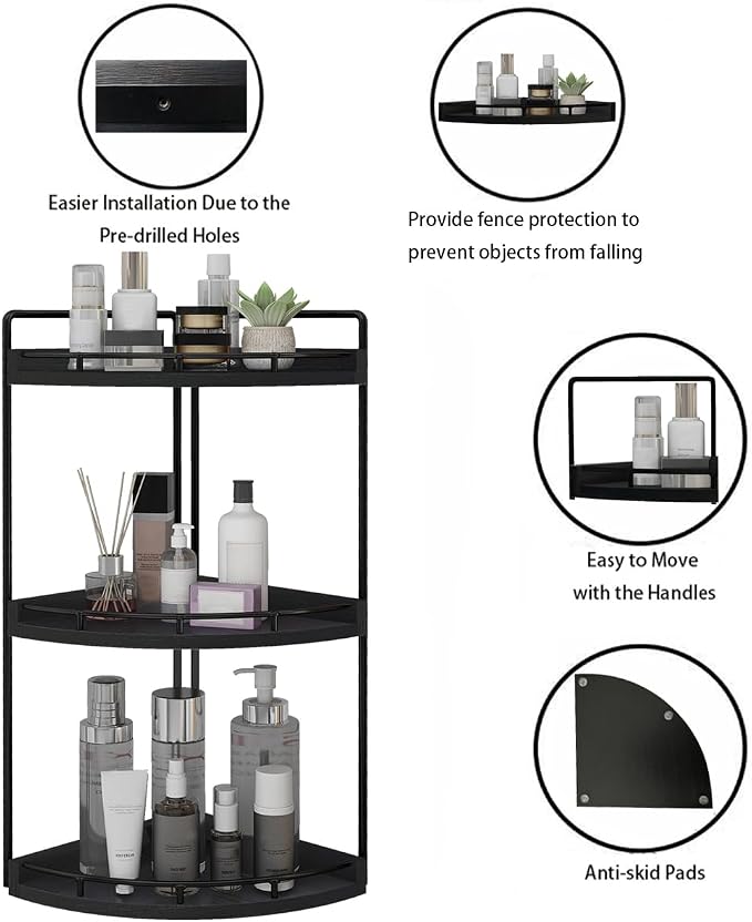 Dorhors Corner Bathroom Organizer Countertop,Vanity Counter Storage Shelf | 3 Tier Black Stand Rack Holder for Kitchen,Dresser,Restroom,Wood Bathroom Sink Tray for Makeup,Perfume,Skincare,Lotion