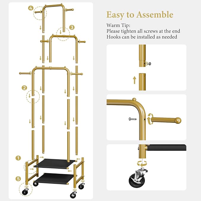 Chrislley Small Clothing Rack With Wheels & 2 Shelves, Narrow Clothes Rack | 3-Section Different Heights Metal Rolling Garment Rack, 71" Tall Portable Coat Rack with 6 Hooks for Bedroom, Entryway, Gold