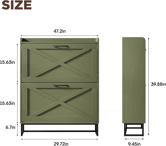 Maupvit Shoe Storage Cabinet with 2 Flip Drawers, Freestanding Shoe Organizer with Metal Legs for Entryway, Narrow Shoe Rack Cabinet, Green