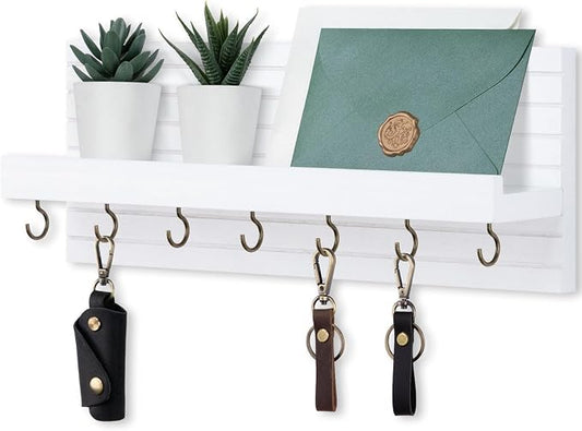 Lwenki Decorative Key Holder for Wall with Shelf, Entryway Shelf with Hooks Holds Leashes, Jackets and Glasses – Sturdy Wood Keyholder Entrance Hanger with Mounting Hardware (White, Large)