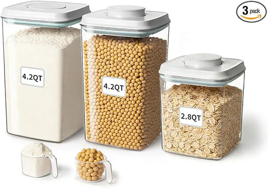 Airtight Food Containers Set with One-Touch Lid, Mixed Size Set (2.8 Qt + 4.2 Qt *2) with Scoop, Stackable Jars for Complete Kitchen Organization