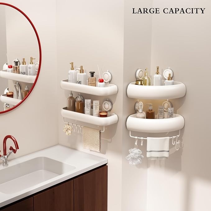 CICUFY Shower Caddy Suction Cup, 2 Pack No Drilling Corner Shower Shelves, Rust Proof Bathroom Storage Organizer, Shower Corner Caddy with Removable Hooks and Towel Bar, Triangle, Cream