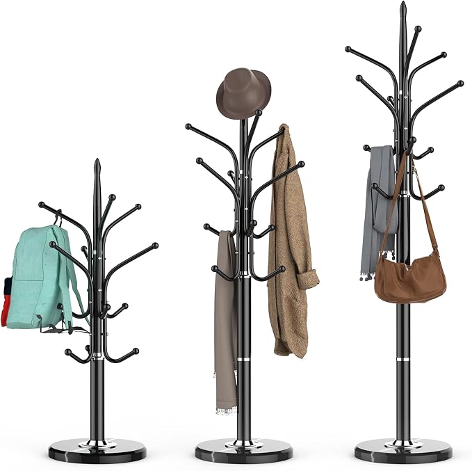 HzTinT Heavy Duty Coat Rack with Marble Base, 12 Hooks, Adjustable Heights | Freestanding Coat Tree, Metal Coat Stand, For Coats, Bags & Hats in Entryway, Black