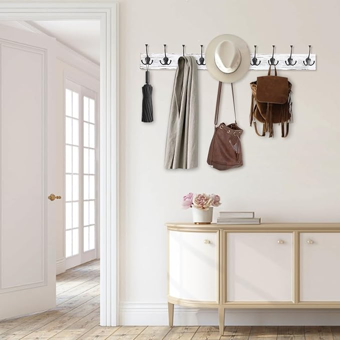 IBosins Vintage White Wall Mounted Coat Rack, 34" Long with 10 Tri-Hooks | Heavy Duty, Wooden Coat Hanger Wall Mount, Rustic Coat Hooks Rail for Entryway, Living Room, Coat, Scarf, Bag, Towel, Hat