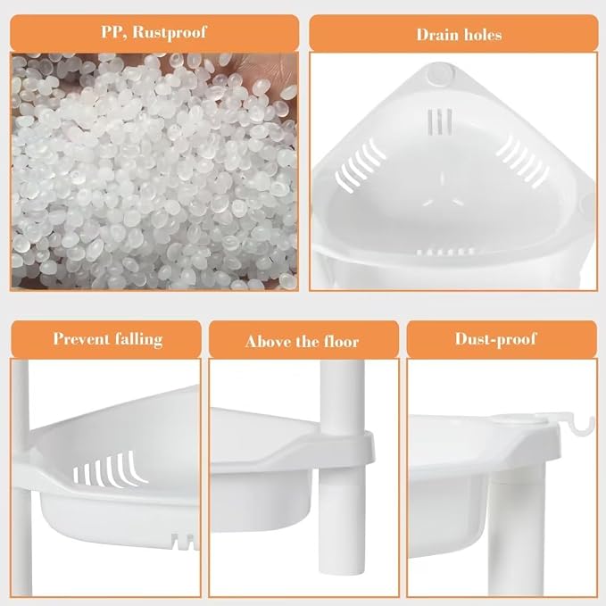 ELYKEN Corner Shower Caddy Standing, 3 Tier Plastic Shower Organizer, White | Rustproof Plastic Shower Shelves with Hook for Storing Bath Essentials in Bathroom corner, Bathtub