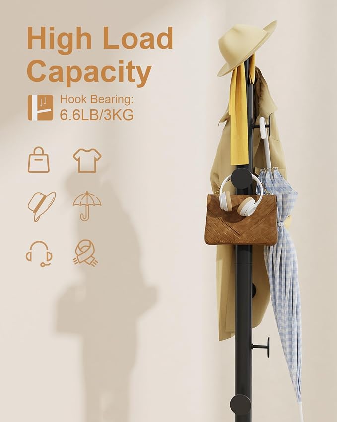 Clothes Rack Freestanding, Coat Tree with 8 Hooks, Black | Small Standing Cloth Hanger with Heavy Rock Slab Base, Modern Metal Garment Rack with 8 Hooks for Bedroom, Office